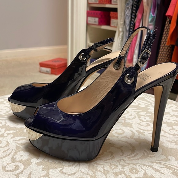 Stuart Weitzman Patent leather pumps in dark purplish blue, 5 inch heels. - Picture 1 of 5